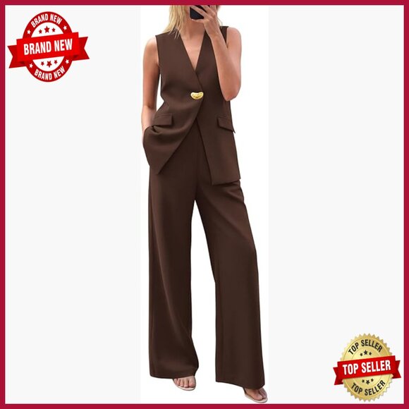 Women's Sleeveless Blazer Vest & Wide Leg Pantsuit Business Casual 2-Piece Set